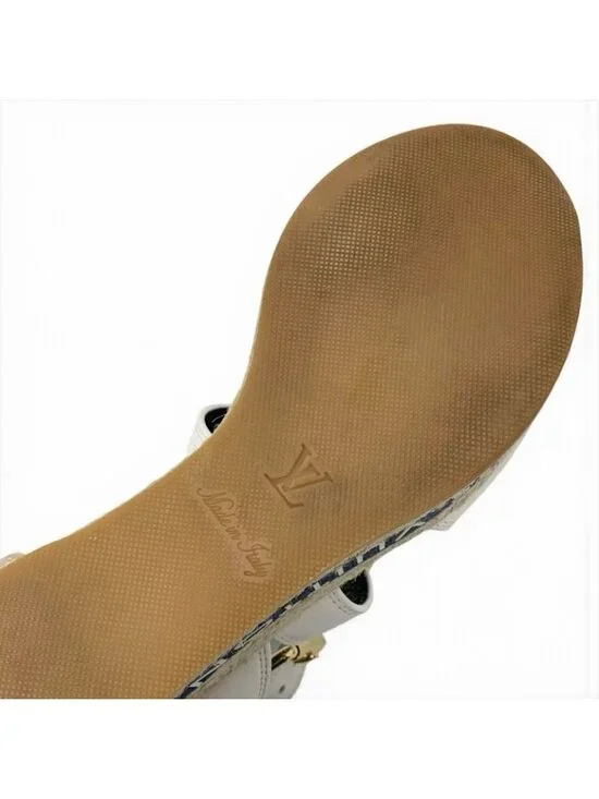 Louis Vuitton Boundary Line Sandals Shoes Leather White Navy Logo Wedge Sole - Picture 9 of 10